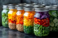 Assorted vegetables and legumes layered in glass mason jars for meal prep, storage, and healthy eating organization.