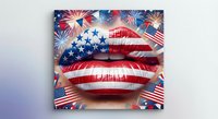 Patriotic lips with flag pattern and fireworks celebrating independence day freedom and national pride.