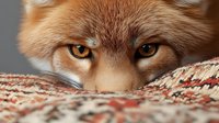 Intense close-up of red fox eyes peering over textured fabric, creating mysterious and watchful wildlife portrait against neutral background.