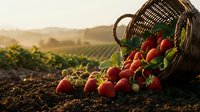 Fresh ripe strawberries spilling from wicker basket in sunny farm field during golden hour harvest time with rolling hills countryside background.