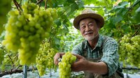 Senior Asian farmer harvesting fresh green grapes in vineyard, wearing straw hat and plaid shirt during summer harvest season.