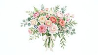 Watercolor wedding bouquet with pink roses, peonies and eucalyptus leaves isolated on white background for bridal design and romantic decorations.