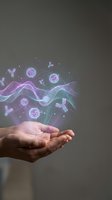Hands holding holographic digital data visualization with glowing particles and wave patterns for technology and innovation concepts.
