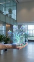 Hand holding holographic wellness tree with four pillars of health: physical fitness, mental clarity, nutritional balance, and spiritual harmony in modern office.