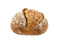 Artisan sourdough loaf with scored crust and flour dusting, isolated on white background for bakery, food, and culinary design projects.