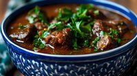 Hearty beef stew with tender meat chunks in rich brown gravy, garnished with fresh parsley in traditional blue ceramic bowl. Homestyle comfort food.