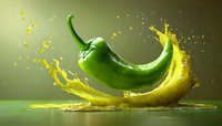 Green chili pepper splashing in yellow liquid on green background. Dynamic food photography for culinary, cooking, and beverage design projects.