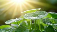 Fresh morning dew drops on green leaves in sunlight rays, natural macro photography with shallow depth of field and bokeh effect for nature backgrounds.