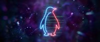 Neon penguin silhouette glowing in blue and pink lights against cosmic purple space background with stars and bokeh effects for digital art projects.