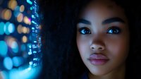 Young African American woman with glowing blue digital data streams and bokeh lights creating futuristic technology atmosphere for modern business concepts.