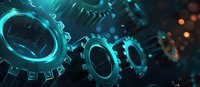 Glowing turquoise mechanical gears in motion against dark background with bokeh lights, representing industrial automation and technological advancement.