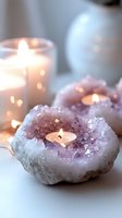 Glowing tea light candles nestled in pink amethyst crystal geodes create serene atmosphere with soft bokeh lights and gentle illumination for spa and wellness setting.