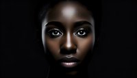 Close up portrait of young African woman with dramatic lighting on black background highlighting expressive eyes and glowing skin. Perfect for beauty and fashion projects.