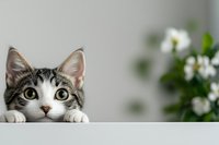 Curious tabby and white cat peeking over white surface with soft bokeh background of white flowers, looking directly at camera with big green eyes.