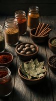 Aromatic spices and seasonings in glass jars and wooden bowls on rustic table for cooking and culinary preparation.