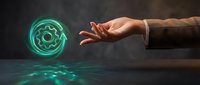 Hand reaching toward glowing turquoise gear symbol with neon light effect on dark surface, representing technology, innovation, and digital transformation concepts.