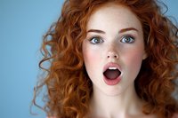 Young woman with natural red curly hair and bright blue eyes expressing surprise with open mouth against blue background. Fresh natural makeup and freckles.
