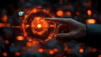 Futuristic glowing orange hologram interface with human hand touching virtual circle display against dark background with bokeh lights. Technology concept.