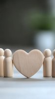 Wooden figures standing next to heart shape symbol representing love, unity and relationships. Minimalist composition on light surface with blurred background.
