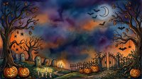 Spooky Halloween night scene with carved pumpkins, bare trees, cemetery gates and bats flying under crescent moon in autumn twilight sky for seasonal designs.