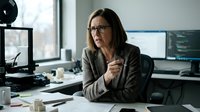 Middle-aged woman with dark hair and glasses, wearing olive blazer, sitting at desk in modern office with computer monitors, thoughtfully considering work project or problem-solving task.