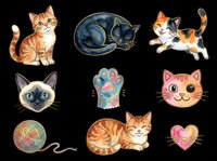 Cute cats and kittens collection isolated on transparent background. Includes sitting, sleeping, and playful poses with yarn ball and paw print. Ready for t-shirts, stickers, clipart, and print-on-demand designs.