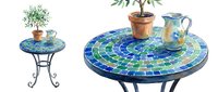 Mosaic side tables with blue and green tile patterns, potted plants, and ceramic pitchers isolated on white background, ready for interior design, home decor, and furniture catalog use.
