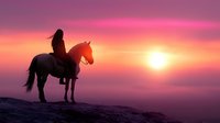 Silhouette of lone rider on horseback against vibrant purple and orange sunset sky, dramatic mountain landscape view creates peaceful outdoor scene.