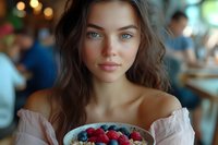 Young Caucasian woman with blue eyes and wavy brown hair holding fresh berry dessert in cafe, wearing off-shoulder pink dress against blurred bokeh background.