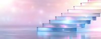 Glowing glass staircase with blue and pink gradient lighting against misty background creates futuristic minimalist architectural composition.