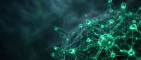 Digital virus particles connected by glowing green network lines on dark background, representing cybersecurity threats, malware detection, and data protection technology.