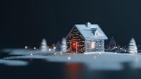 Cozy winter cabin glowing with warm light in snowy landscape at dusk, miniature holiday scene with decorated house and evergreen trees creating magical atmosphere.