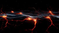 Glowing orange energy streams and lightning bolts flow across dark textured surface creating dramatic abstract pattern with luminous cracks and light trails.