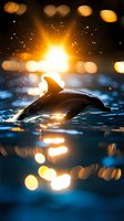 Silhouette of dolphin jumping in ocean water against golden sunset with bokeh light effects and water splashes, creating magical atmosphere for nature designs.