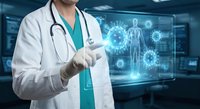 Doctor in white coat touching holographic medical interface with human anatomy and virus particles in futuristic healthcare technology environment.