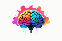 Colorful brain illustration with vibrant gradient colors and dripping paint effect on white background, showing left and right hemispheres in contrasting warm and cool tones.