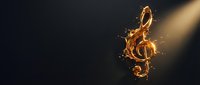Fiery treble clef symbol with golden flames and sparks against dark background for music production, concert promotion and creative design projects.