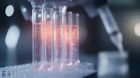 Glowing pink liquid in test tubes with bubbles and particles against blurred laboratory background, scientific research concept for medical studies.