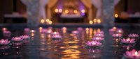 Floating lotus flowers with candles create serene spa atmosphere in luxury wellness center with warm ambient lighting for relaxation and meditation.