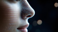 Digital face profile with glowing dots pattern overlay representing artificial intelligence, machine learning and facial recognition technology concepts.