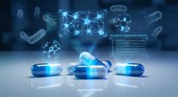 Digital healthcare technology with blue pharmaceutical capsules and holographic medical data interfaces for modern medicine and drug development.