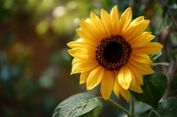 Vibrant yellow sunflower with dark brown center against blurred natural background, showcasing detailed petals and green leaves in soft lighting.