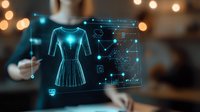 Futuristic holographic display showing digital dress design with glowing blue interface elements and connected data points against blurred background.