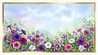 Watercolor floral frame with purple pink white petunias and green foliage on soft pastel background for spring summer greeting cards invitations.