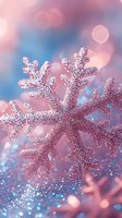 Pink glittery snowflake decoration on sparkling blue background with soft bokeh lights creating magical winter holiday atmosphere.