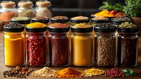Colorful spices and seasonings in glass jars arranged on wooden surface with turmeric, chili, coriander and other aromatic ingredients for cooking and flavoring food.