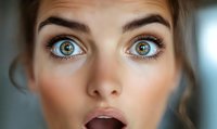 Close up portrait of surprised young woman with bright blue eyes and open mouth expressing shock and amazement. Natural makeup and flawless skin.