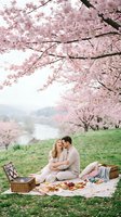Romantic couple enjoying picnic under blooming cherry blossom trees in spring park. Young man and woman embracing on blanket with basket and food outdoors.