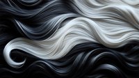 Flowing waves of black and white hair strands creating dynamic abstract pattern with smooth curves and graceful movement. Seamless design for salon and beauty industry.