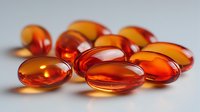 Transparent amber fish oil omega-3 capsules on white background, dietary supplement for heart health and inflammation reduction.